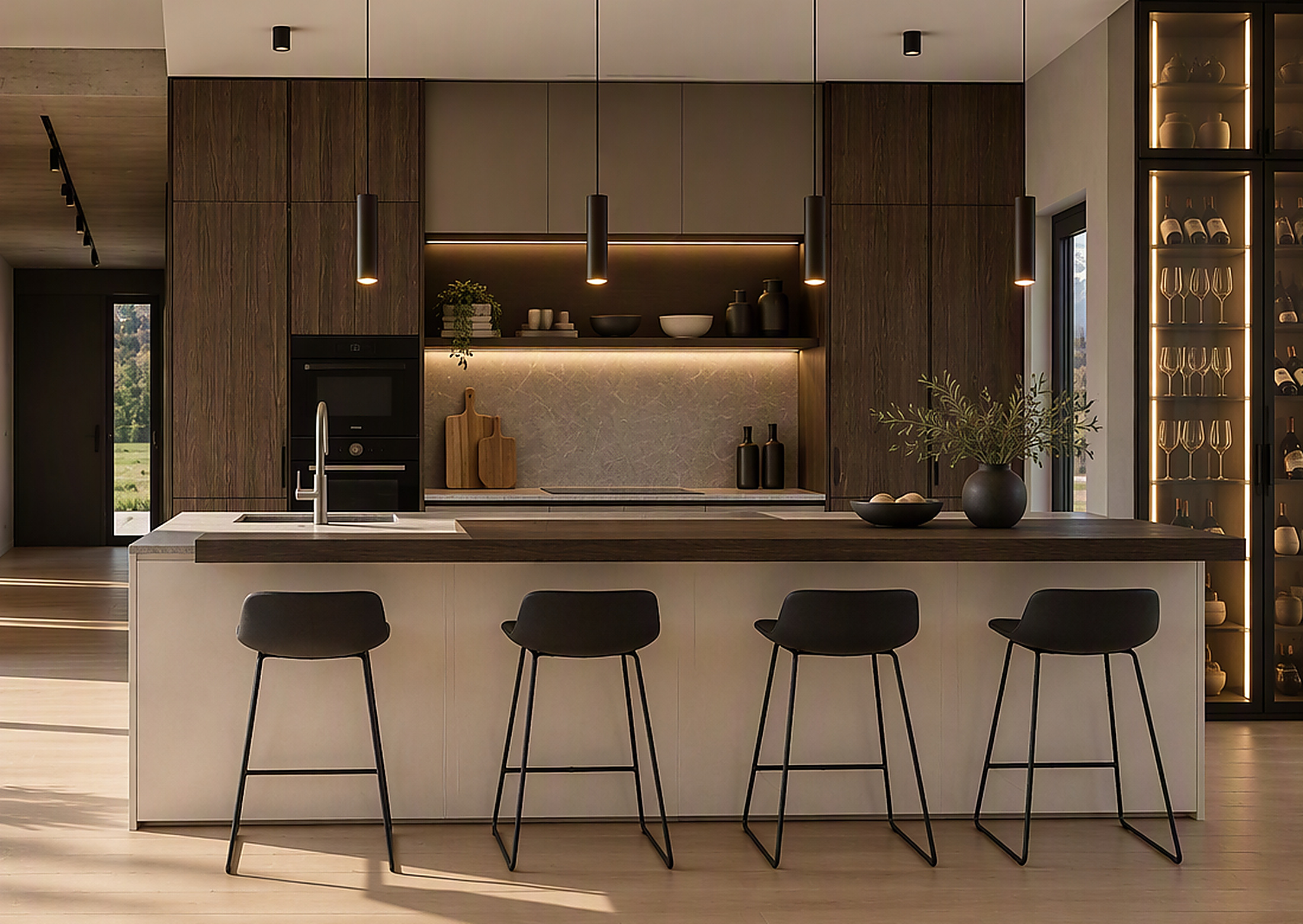 Dark oak kitchen concept with island