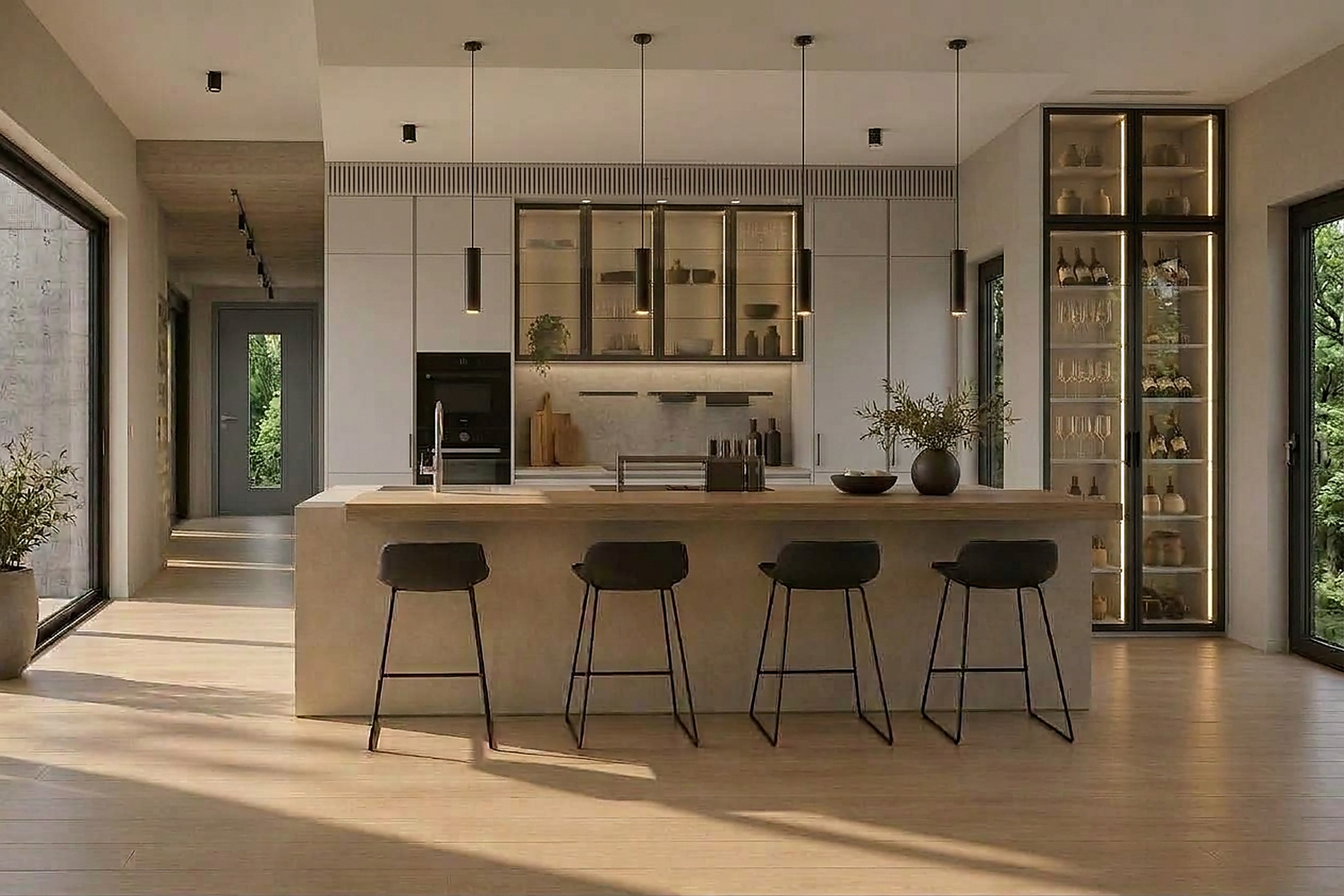 Warm neutral kitchen concept with island
